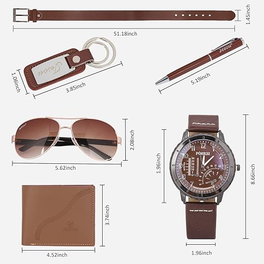 6pcs men's gift set with box brown leather belt wallet watch glasses keychain ballpoint pen gifts for men, valentines day gifts for him 6pcs men's gift set with box brown leather belt wallet watch glasses keychain ballpoint pen gifts for men, valentines day gifts for him