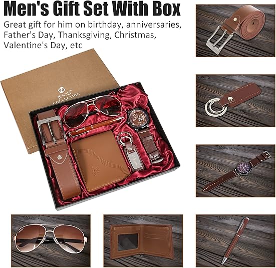 6pcs men's gift set with box brown leather belt wallet watch glasses keychain ballpoint pen gifts for men, valentines day gifts for him 6pcs men's gift set with box brown leather belt wallet watch glasses keychain ballpoint pen gifts for men, valentines day gifts for him