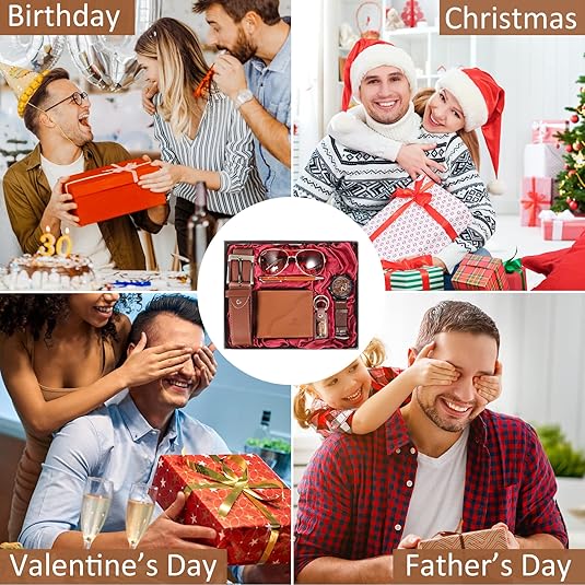 6pcs men's gift set with box brown leather belt wallet watch glasses keychain ballpoint pen gifts for men, valentines day gifts for him 6pcs men's gift set with box brown leather belt wallet watch glasses keychain ballpoint pen gifts for men, valentines day gifts for him